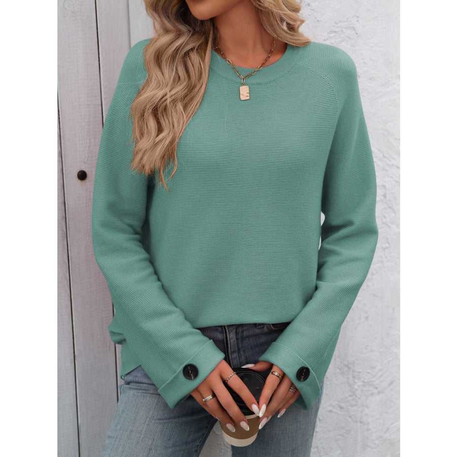 Round Neck Long Sleeve Sweater Turquoise / S Apparel and Accessories