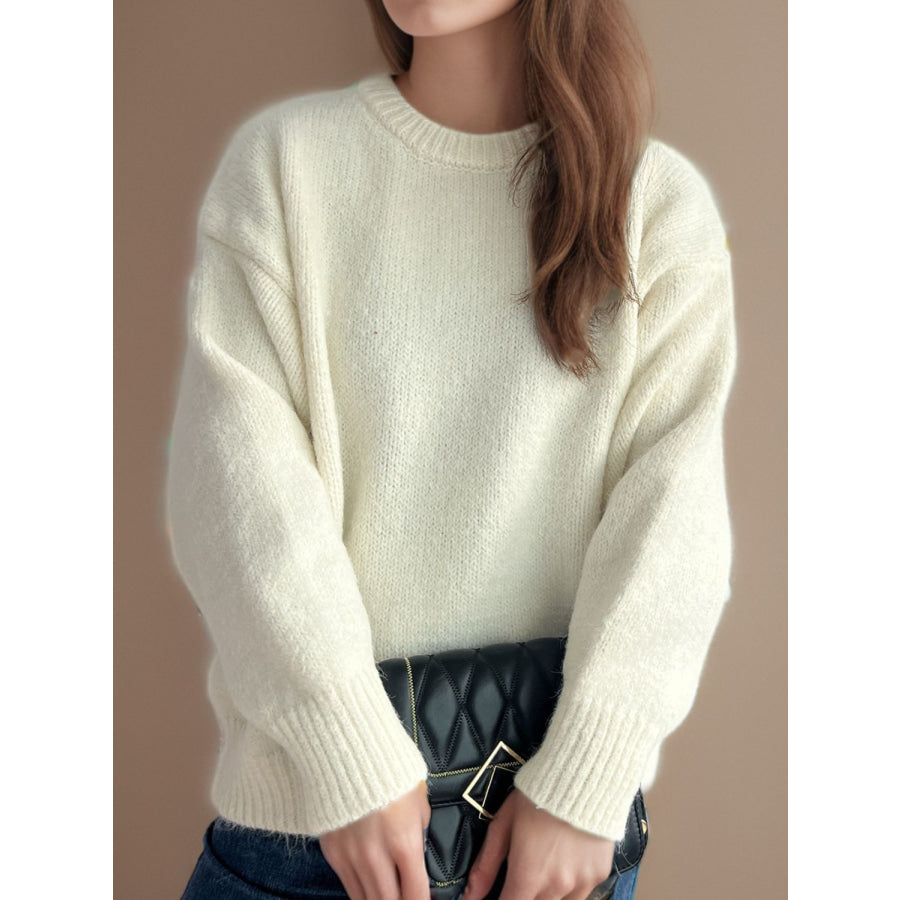 Round Neck Long Sleeve Sweater White / One Size Apparel and Accessories