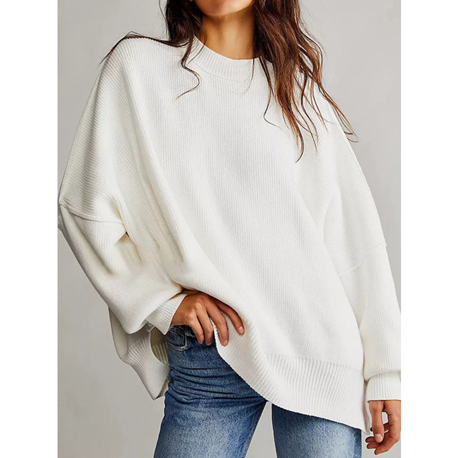 Round Neck Long Sleeve Sweater White / S Apparel and Accessories