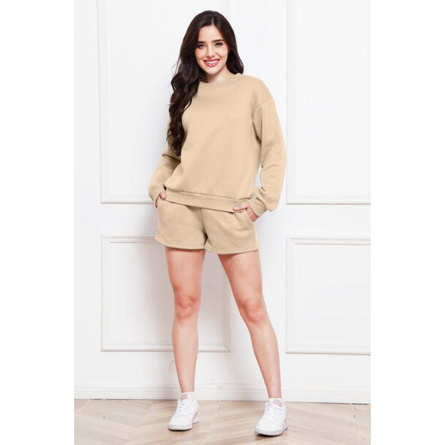 Round Neck Long Sleeve Sweatshirt and Drawstring Shorts Set Beige / S Clothing