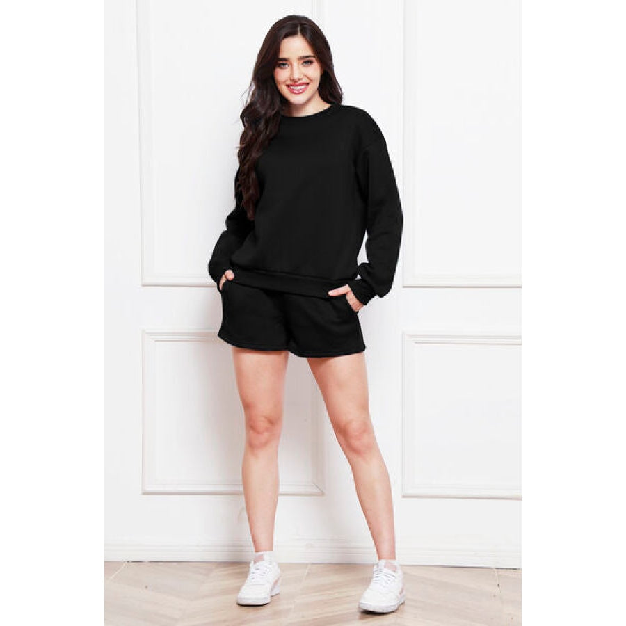 Round Neck Long Sleeve Sweatshirt and Drawstring Shorts Set Black / S Clothing