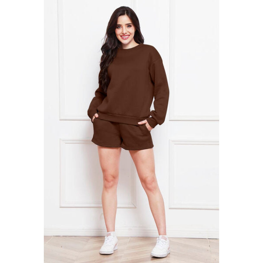 Round Neck Long Sleeve Sweatshirt and Drawstring Shorts Set Chocolate / S Clothing
