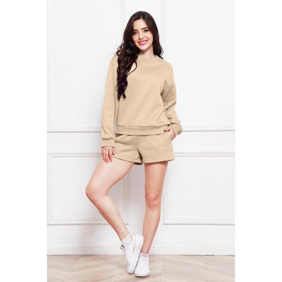 Round Neck Long Sleeve Sweatshirt and Drawstring Shorts Set Clothing