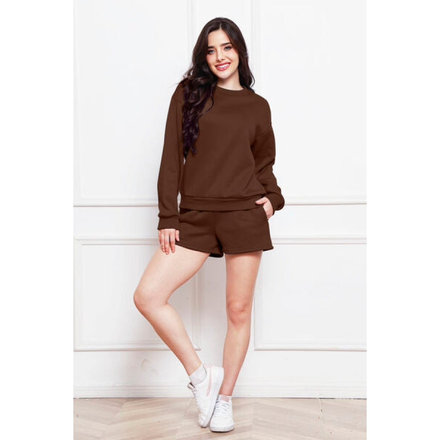Round Neck Long Sleeve Sweatshirt and Drawstring Shorts Set Chocolate / S Clothing