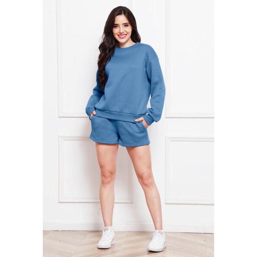 Round Neck Long Sleeve Sweatshirt and Drawstring Shorts Set Clothing