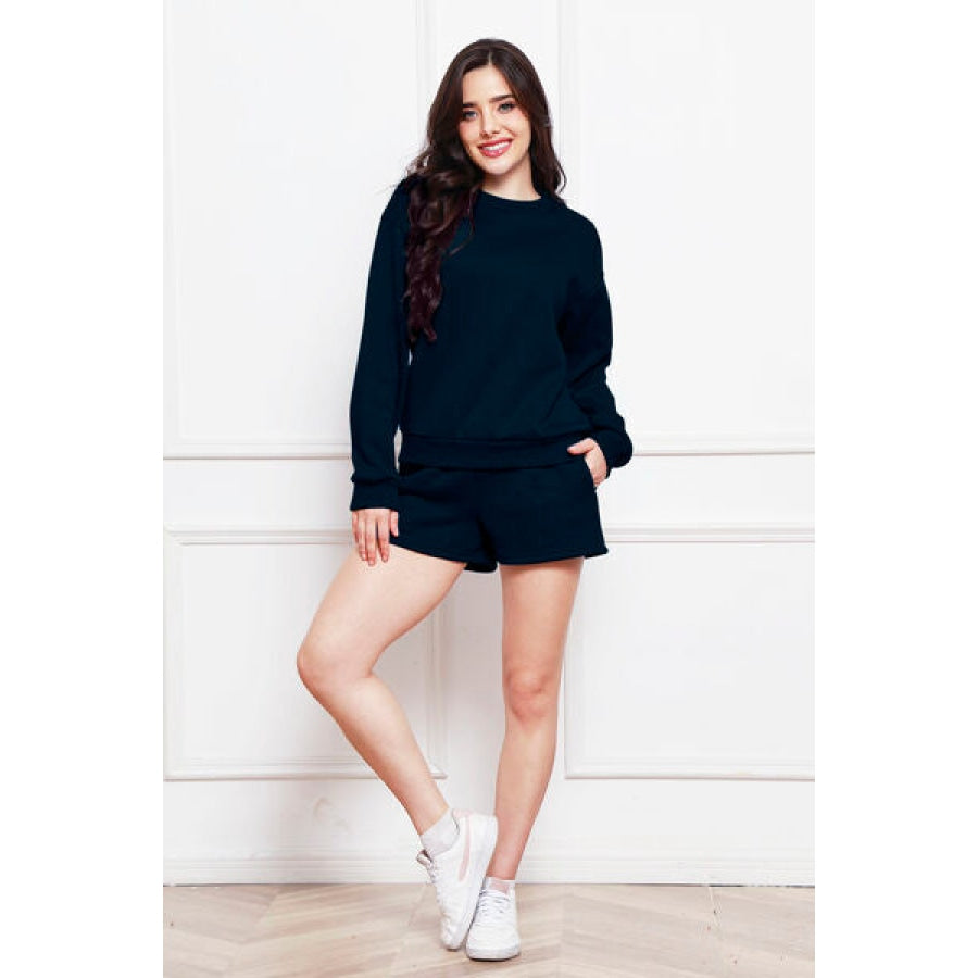 Round Neck Long Sleeve Sweatshirt and Drawstring Shorts Set Clothing