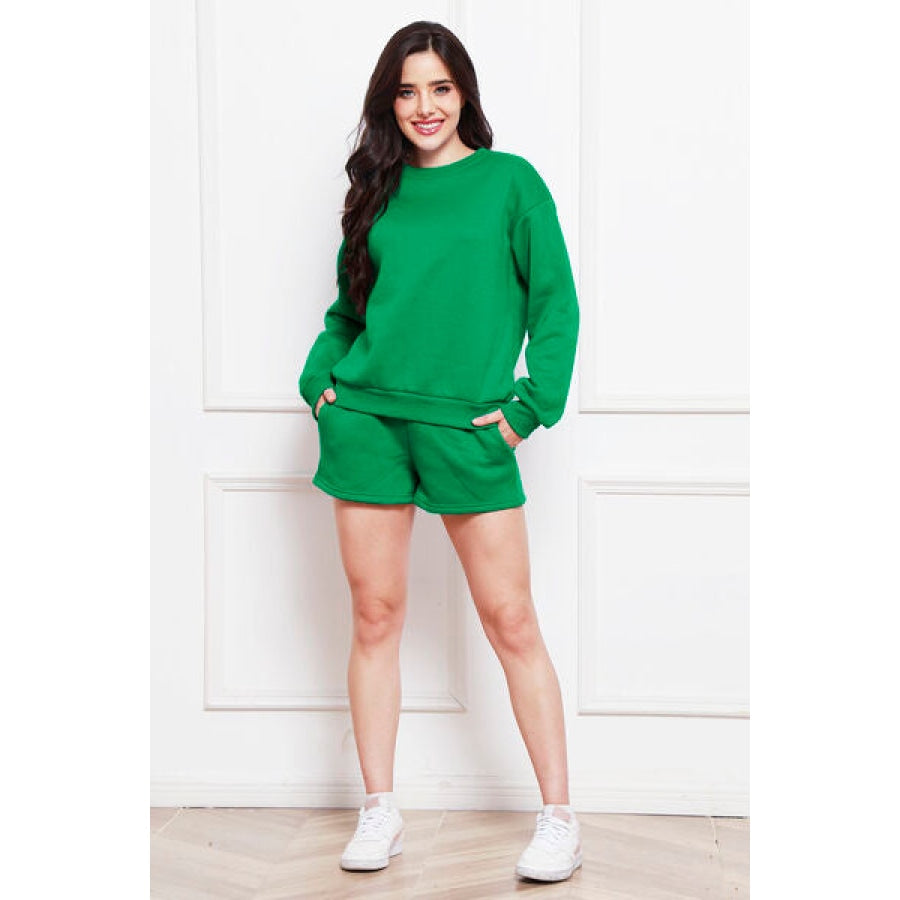 Round Neck Long Sleeve Sweatshirt and Drawstring Shorts Set Clothing