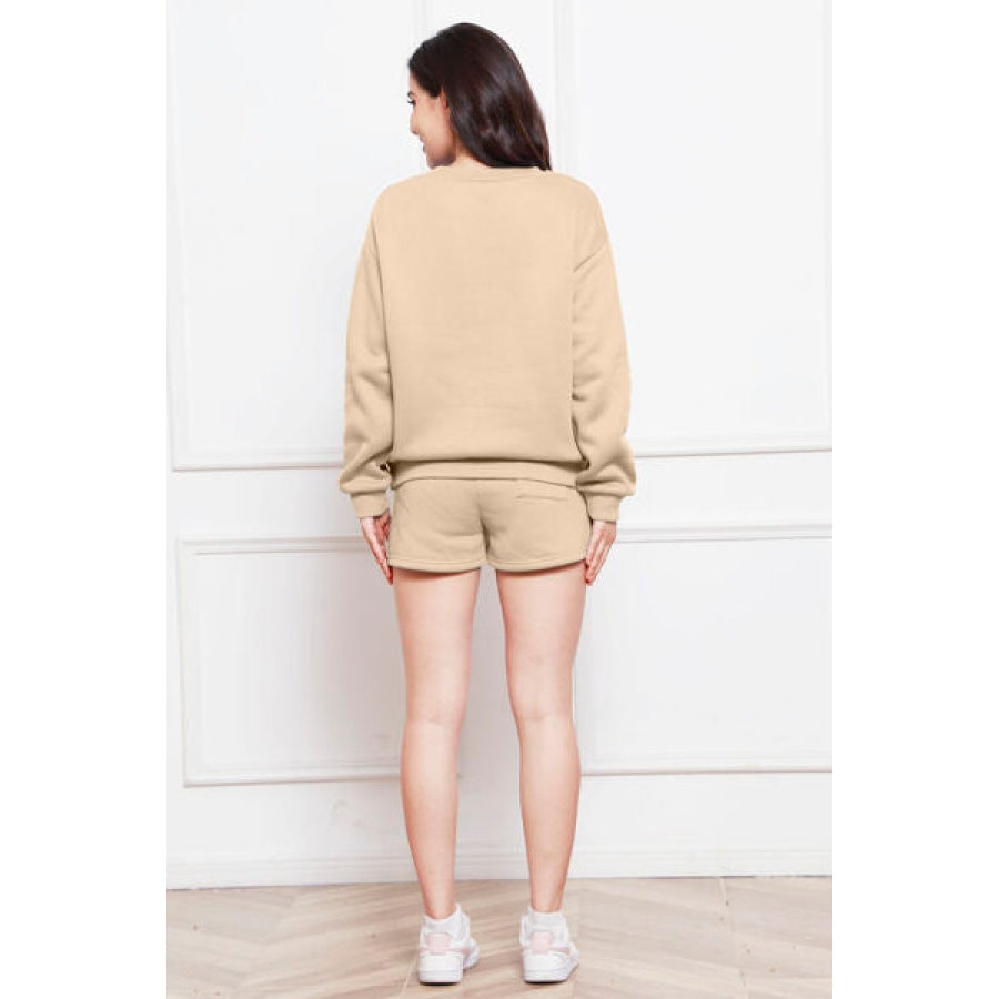 Round Neck Long Sleeve Sweatshirt and Drawstring Shorts Set Clothing