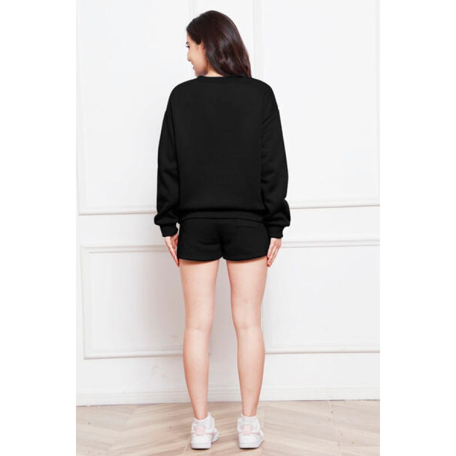 Round Neck Long Sleeve Sweatshirt and Drawstring Shorts Set Clothing