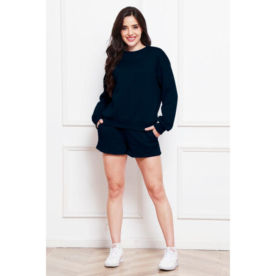 Round Neck Long Sleeve Sweatshirt and Drawstring Shorts Set Dark Navy / S Clothing