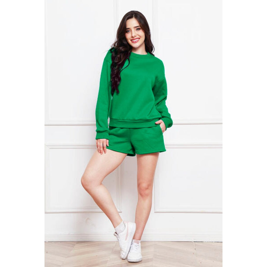 Round Neck Long Sleeve Sweatshirt and Drawstring Shorts Set Green / S Clothing