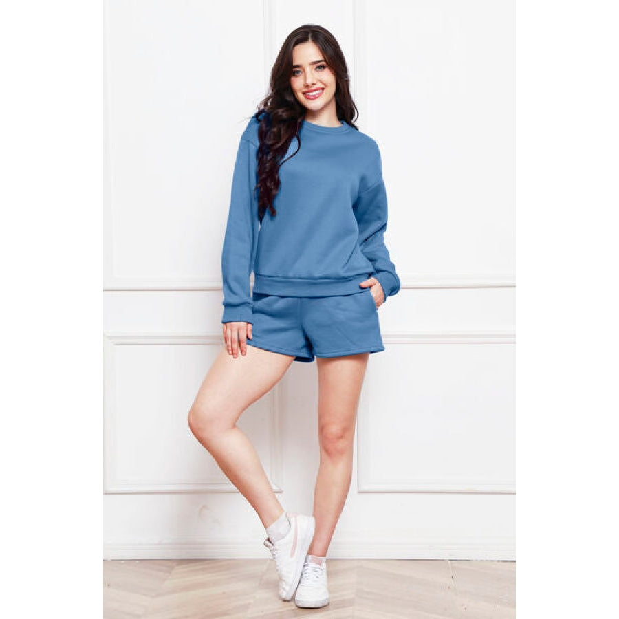 Round Neck Long Sleeve Sweatshirt and Drawstring Shorts Set Misty Blue / S Clothing