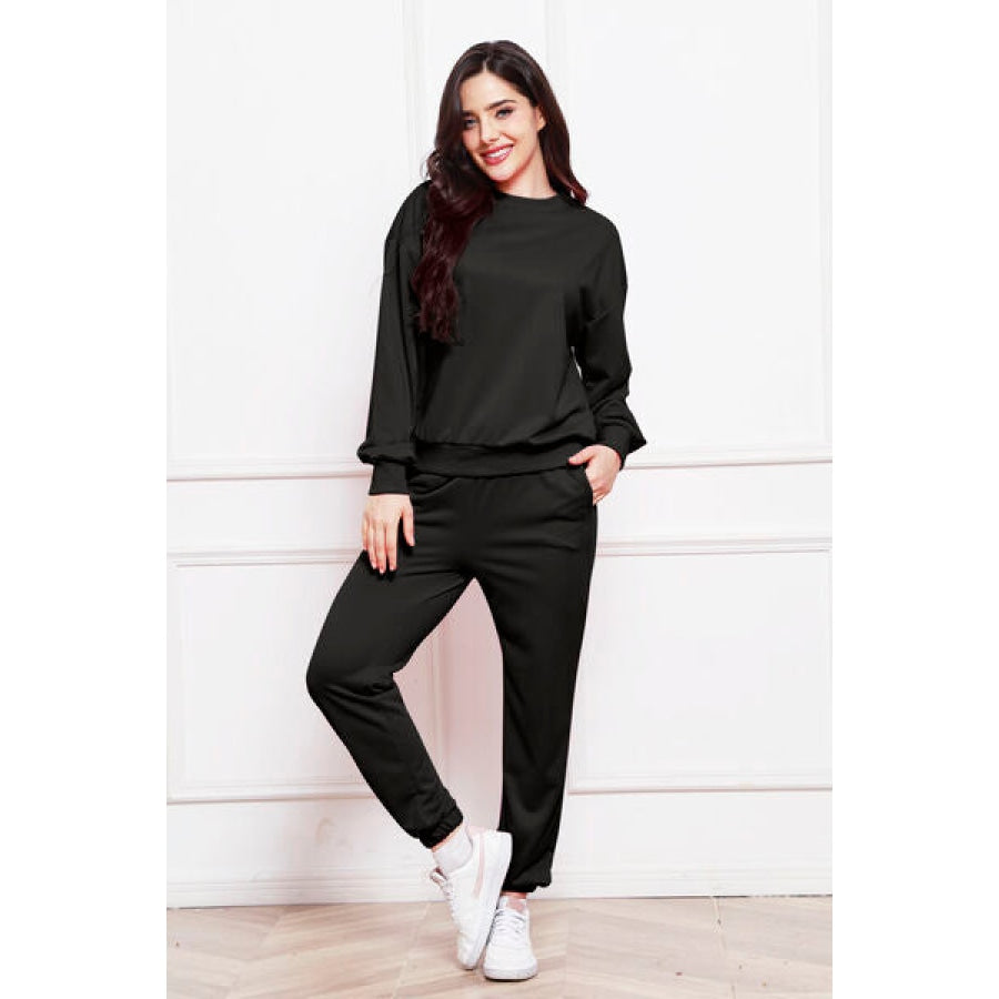 Round Neck Long Sleeve Sweatshirt and Pants Set Black / S Clothing