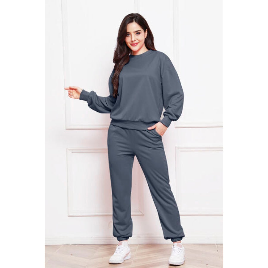 Round Neck Long Sleeve Sweatshirt and Pants Set Charcoal / S Clothing