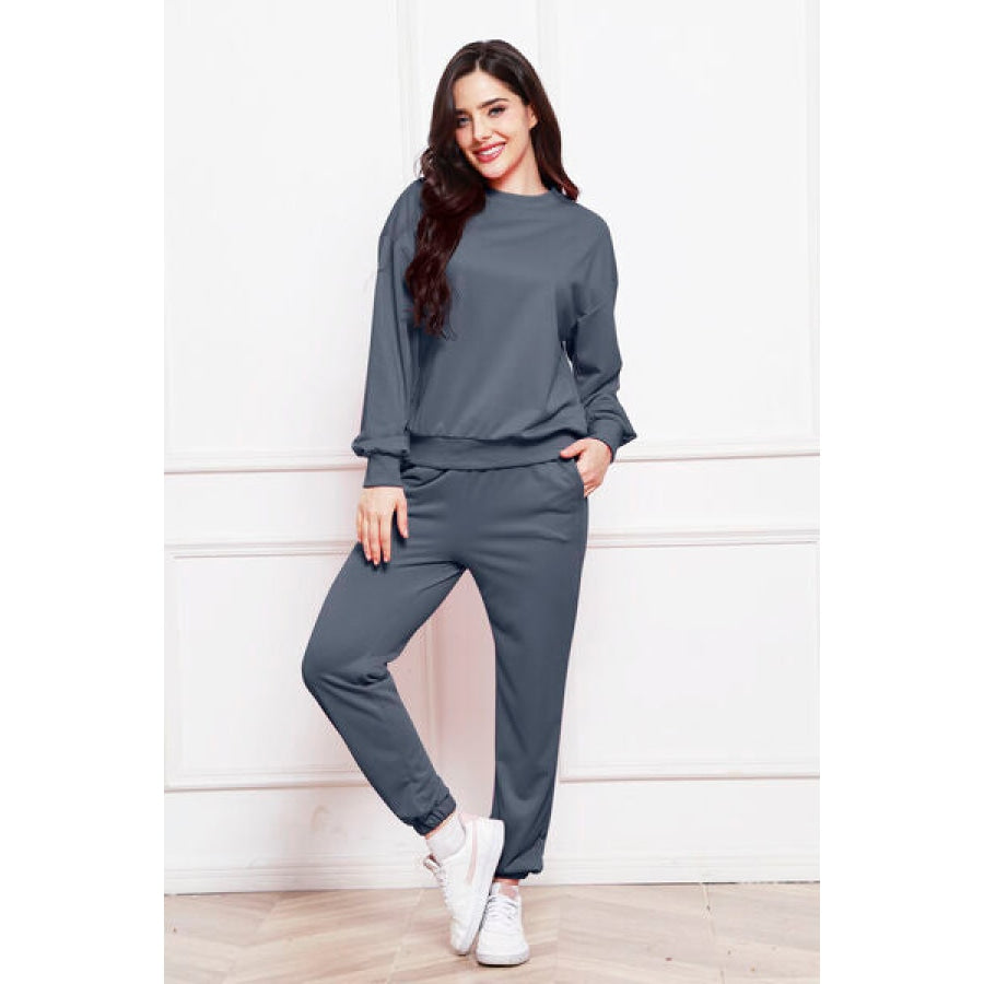 Round Neck Long Sleeve Sweatshirt and Pants Set Clothing