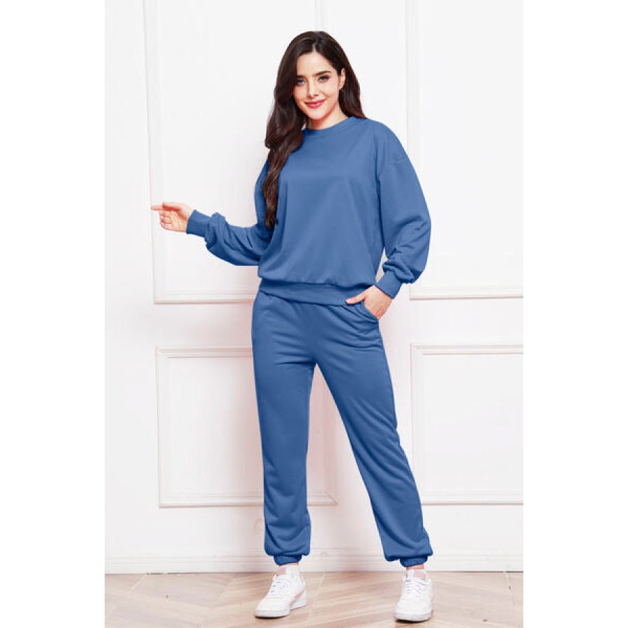 Round Neck Long Sleeve Sweatshirt and Pants Set Clothing