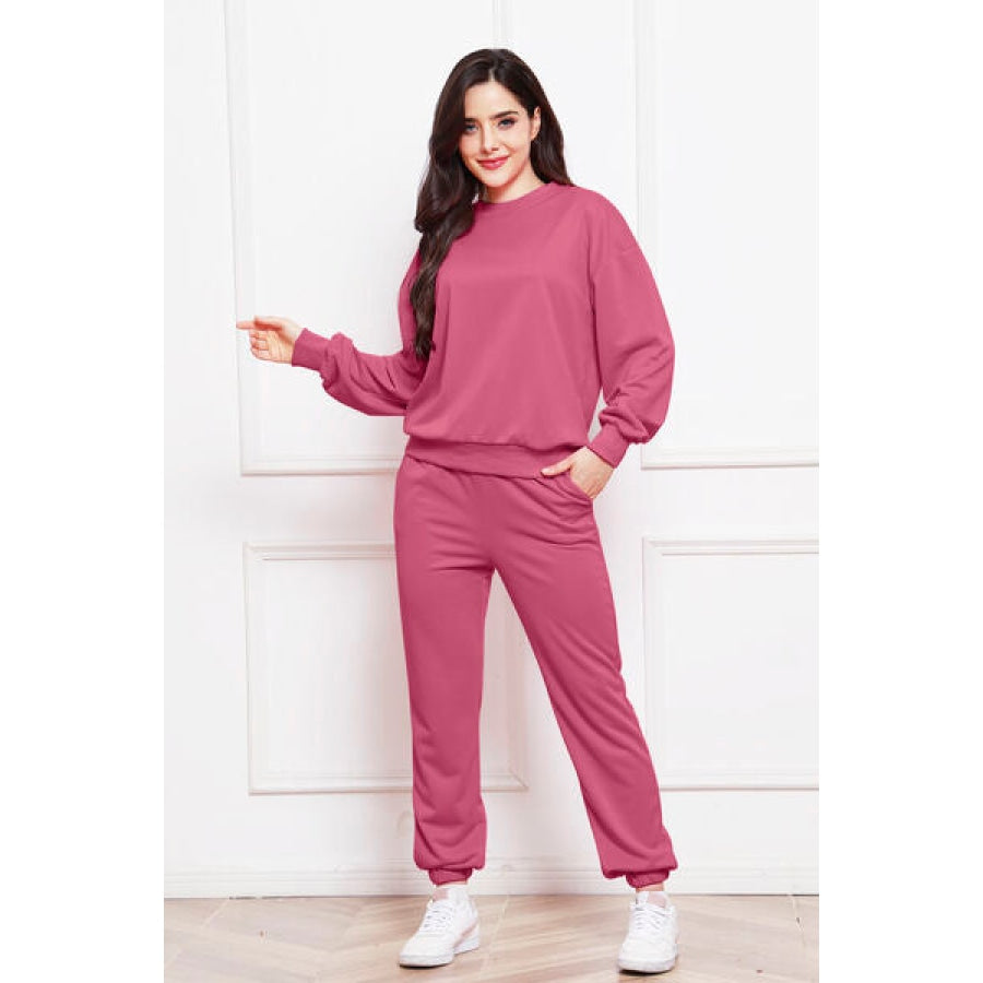 Round Neck Long Sleeve Sweatshirt and Pants Set Clothing