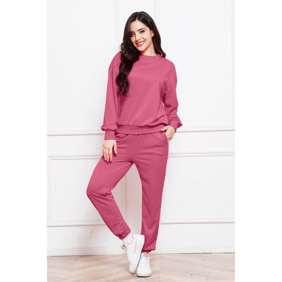 Round Neck Long Sleeve Sweatshirt and Pants Set Deep Rose / S Clothing