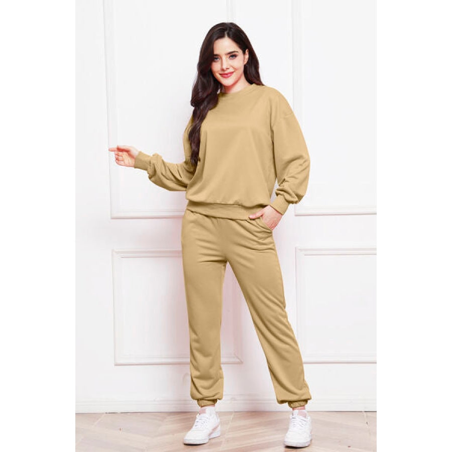 Round Neck Long Sleeve Sweatshirt and Pants Set Khaki / S Clothing