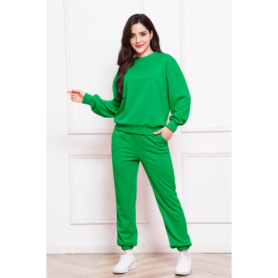 Round Neck Long Sleeve Sweatshirt and Pants Set Mid Green / S Clothing