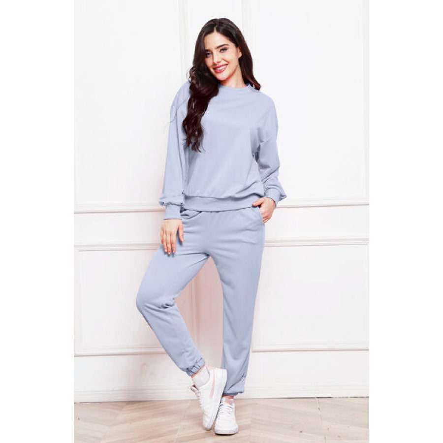 Round Neck Long Sleeve Sweatshirt and Pants Set Misty Blue / S Clothing