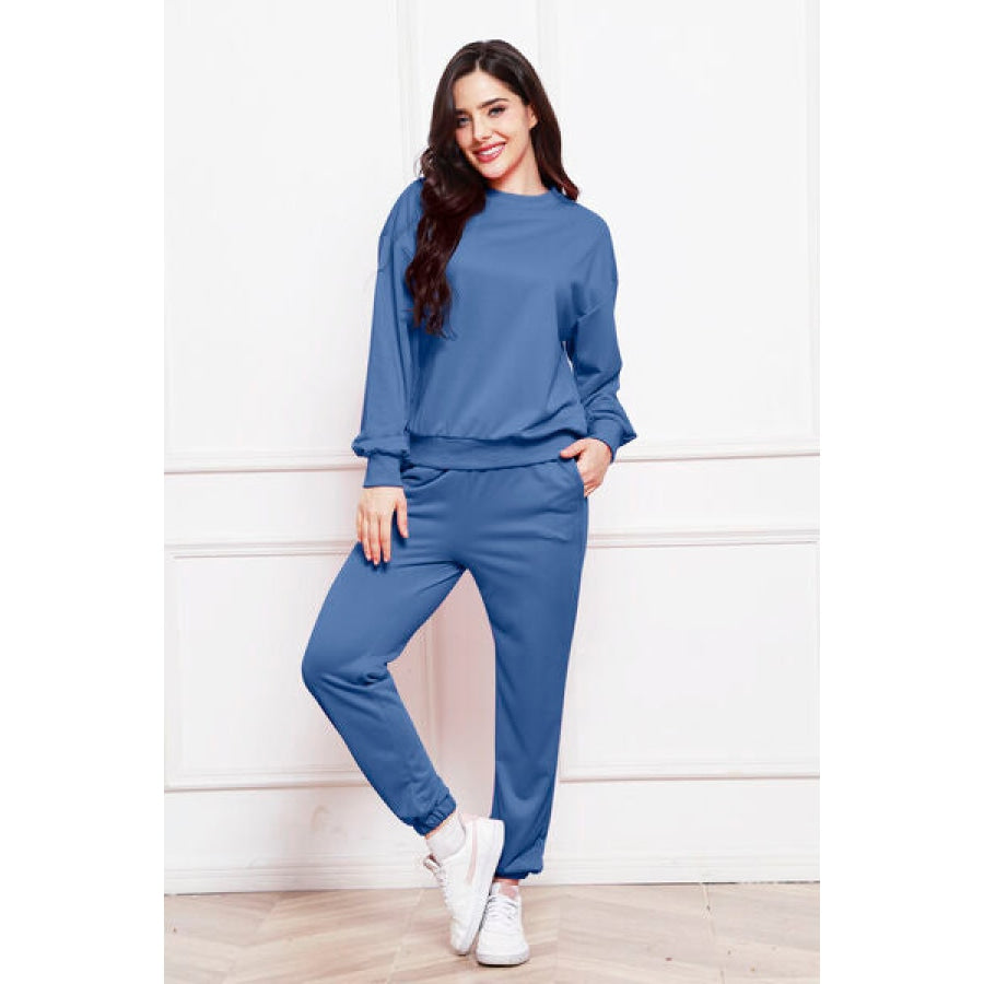 Round Neck Long Sleeve Sweatshirt and Pants Set Peacock Blue / S Clothing