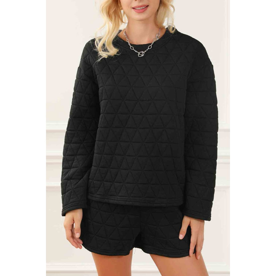 Round Neck Long Sleeve Sweatshirt and Shorts Set Black / S Clothing