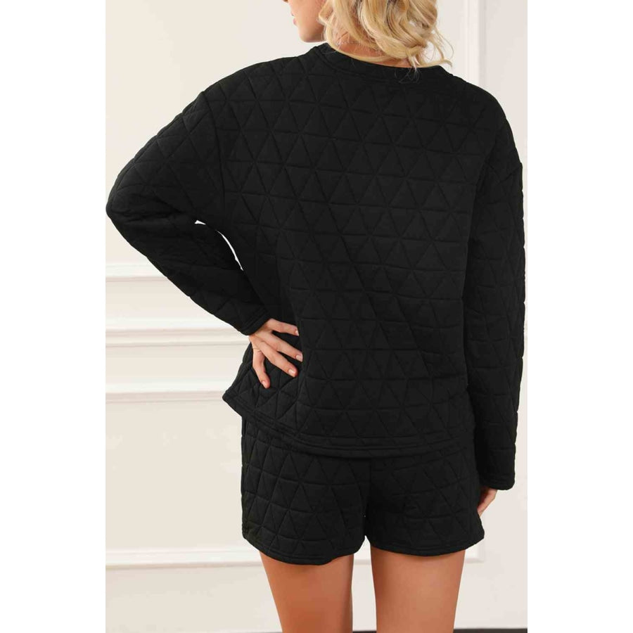 Round Neck Long Sleeve Sweatshirt and Shorts Set Black / S Clothing