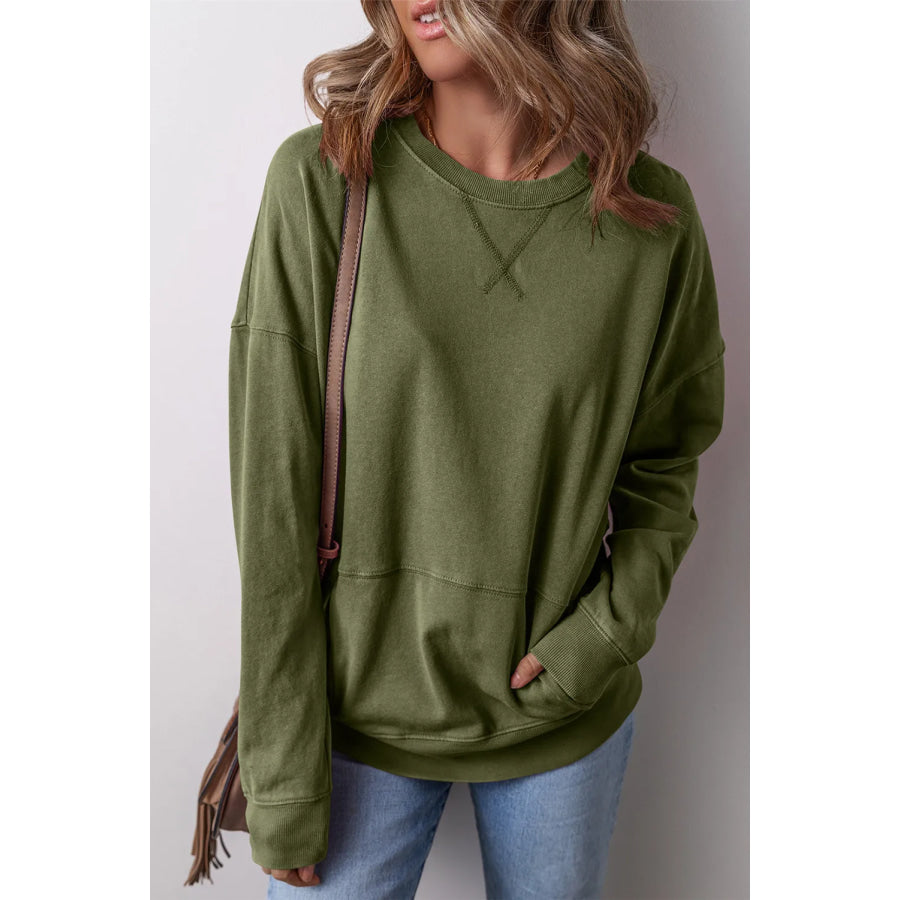 Round Neck Long Sleeve Sweatshirt Army Green / S Apparel and Accessories