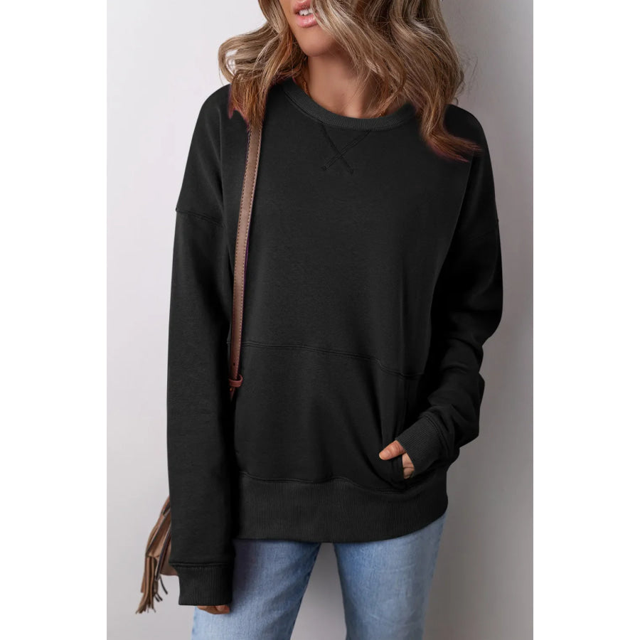 Round Neck Long Sleeve Sweatshirt Black / 2XL Apparel and Accessories