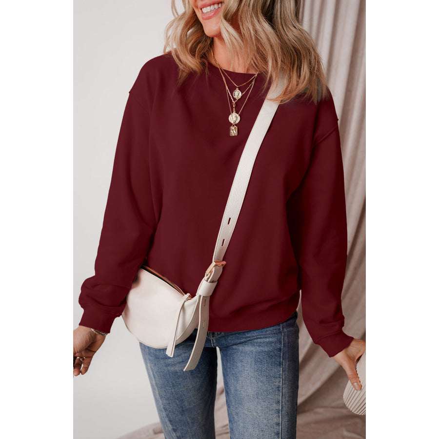 Round Neck Long Sleeve Sweatshirt Burgundy / S Apparel and Accessories