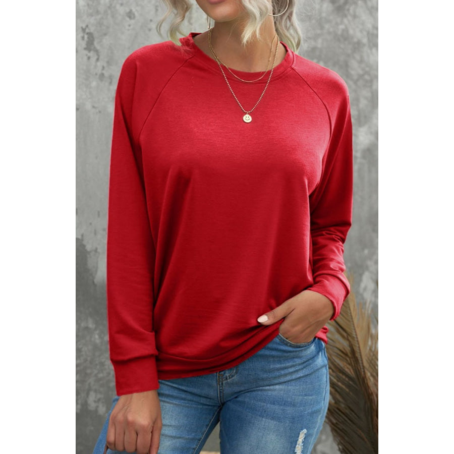 Round Neck Long Sleeve Sweatshirt Deep Red / S Apparel and Accessories