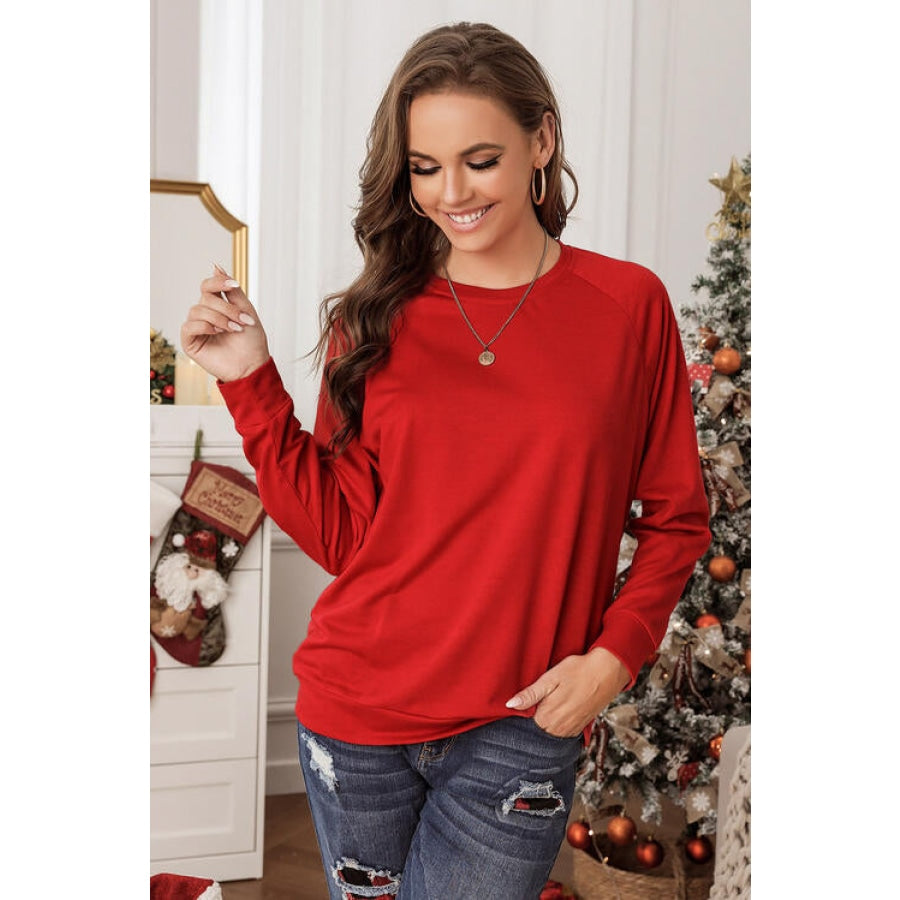 Round Neck Long Sleeve Sweatshirt Deep Red / S