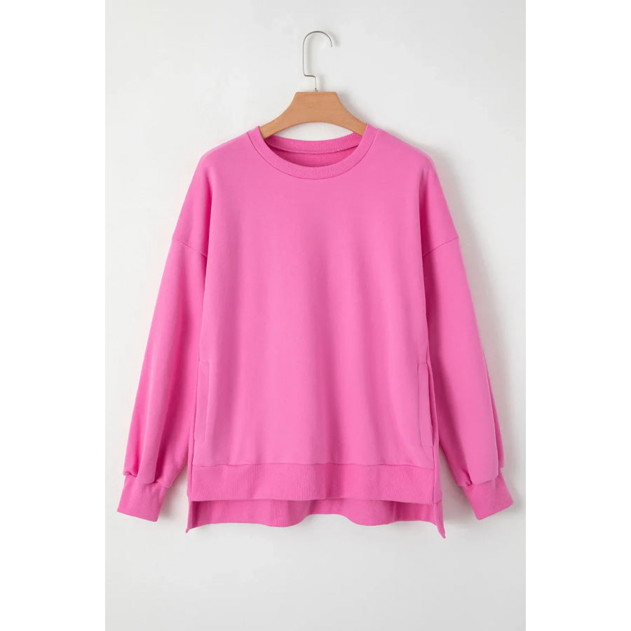 Round Neck Long Sleeve Sweatshirt Fuchsia Pink / S Apparel and Accessories