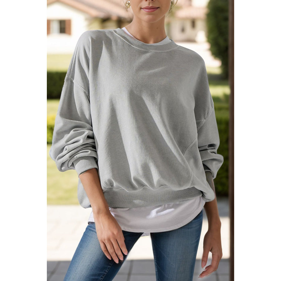 Round Neck Long Sleeve Sweatshirt Gray / S Apparel and Accessories