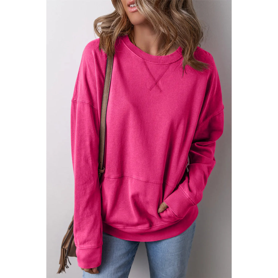 Round Neck Long Sleeve Sweatshirt Hot Pink / S Apparel and Accessories