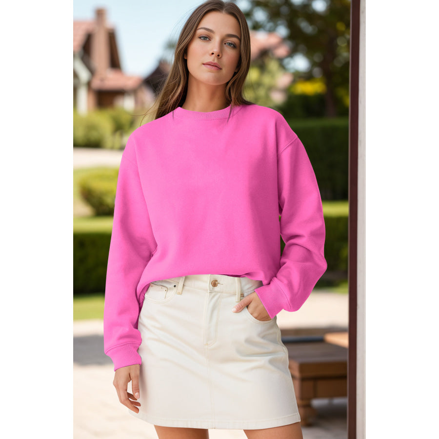Round Neck Long Sleeve Sweatshirt Hot Pink / S Apparel and Accessories