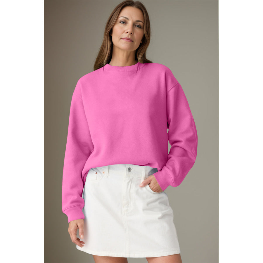 Round Neck Long Sleeve Sweatshirt Hot Pink / S Apparel and Accessories