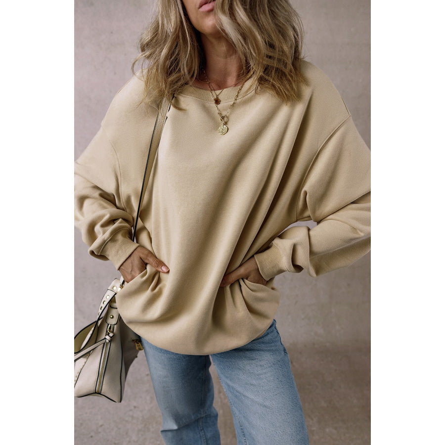 Round Neck Long Sleeve Sweatshirt Khaki / S Apparel and Accessories