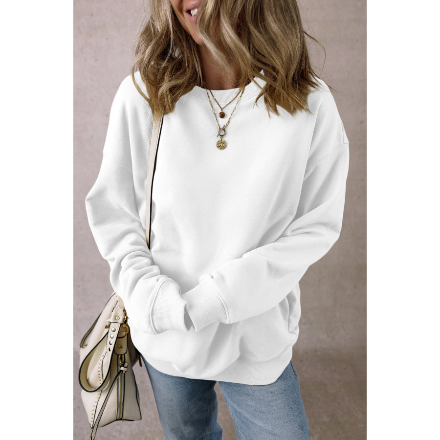 Round Neck Long Sleeve Sweatshirt White / S Apparel and Accessories