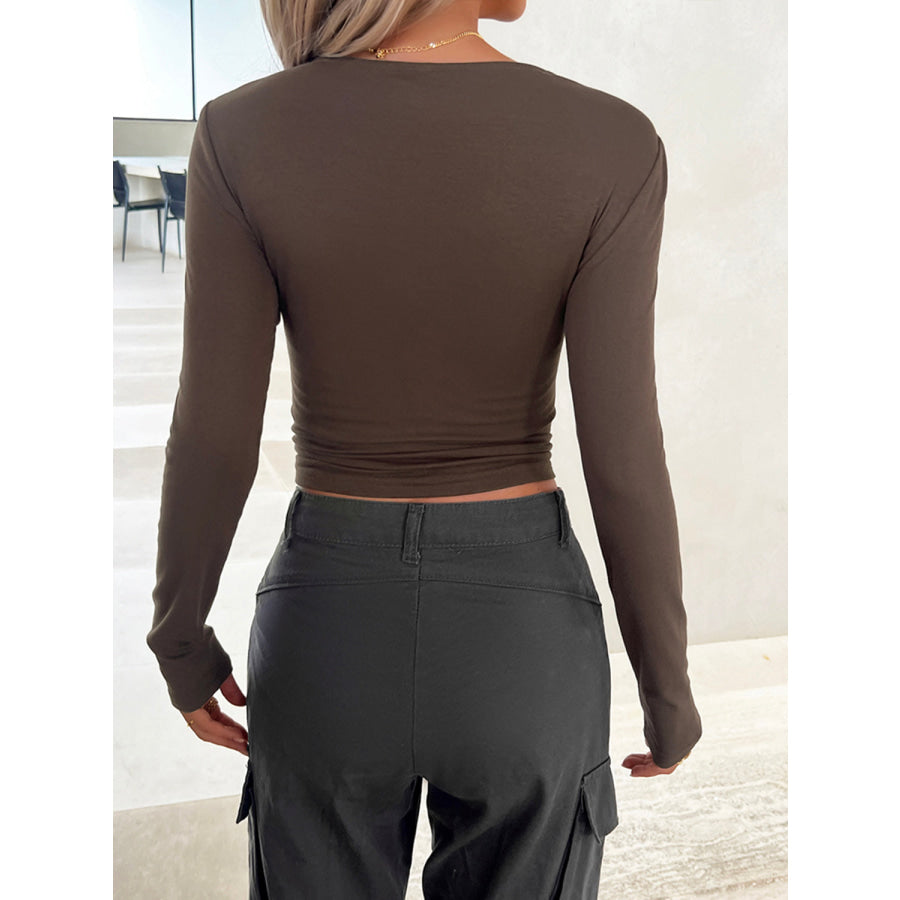 Round Neck Long Sleeve T-Shirt Brown / S Apparel and Accessories