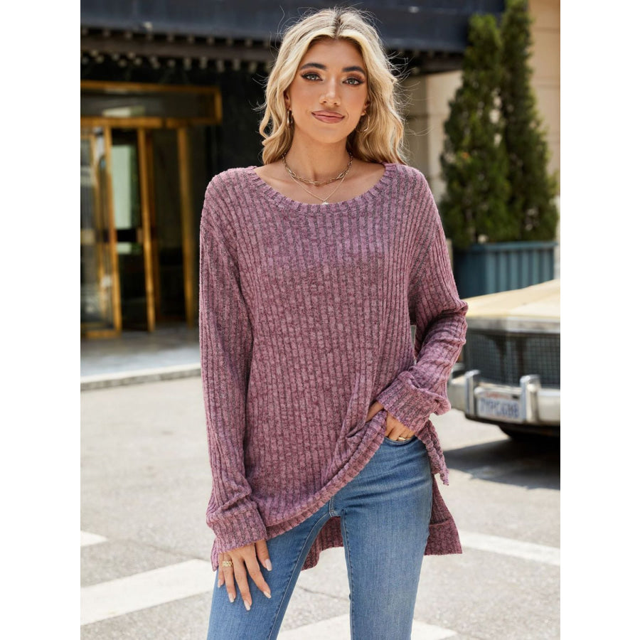 Round Neck Long Sleeve T-Shirt Moonlit Mauve / S Apparel and Accessories