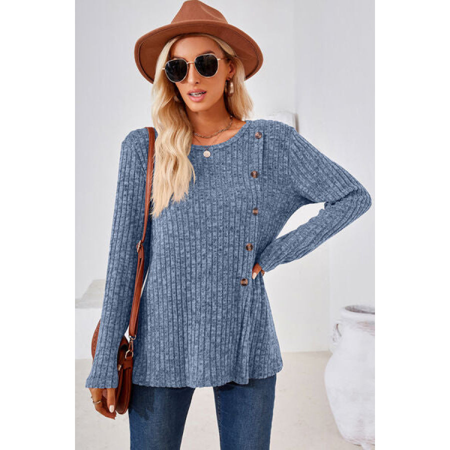 Round Neck Long Sleeve T - Shirt Dusty Blue / S Apparel and Accessories