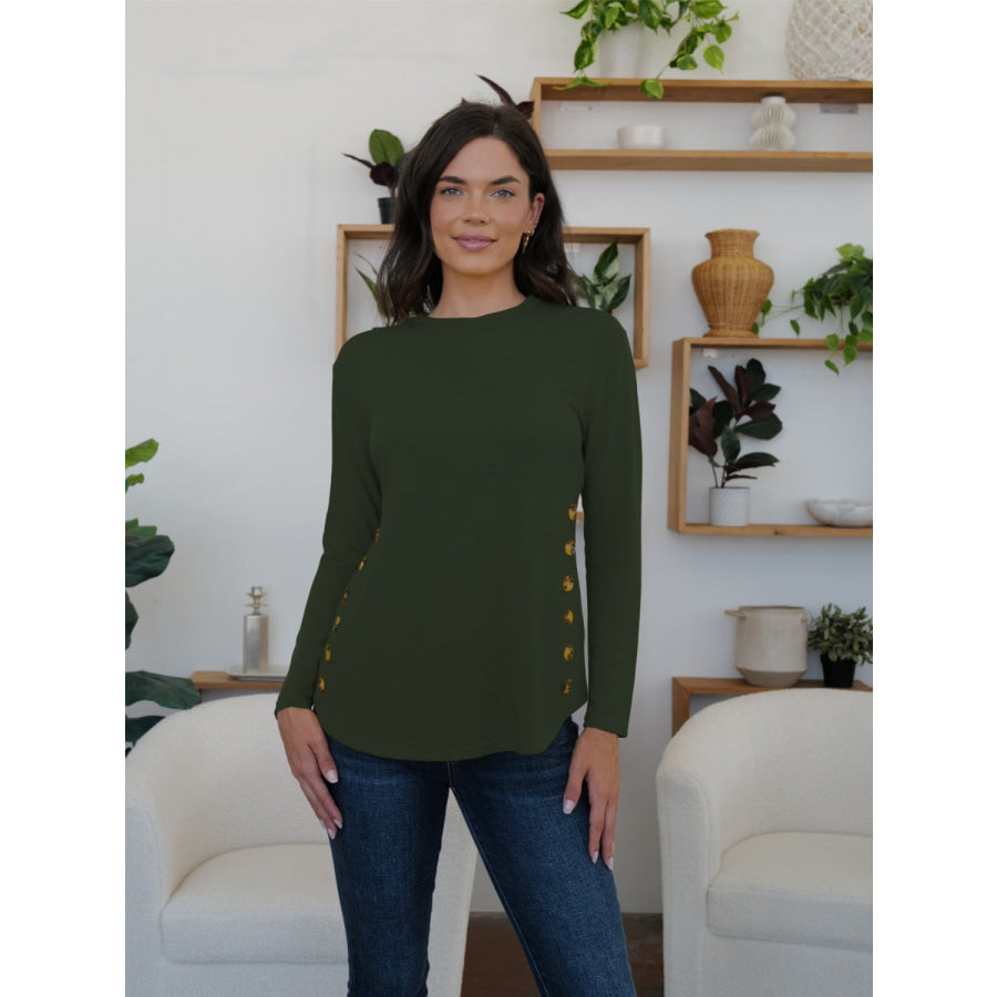 Round Neck Long Sleeve T-Shirt Army Green / S Apparel and Accessories