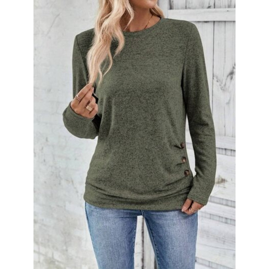 Round Neck Long Sleeve T-Shirt Army Green / S Clothing