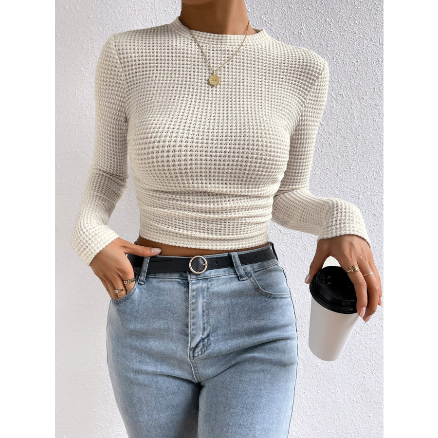 Round Neck Long Sleeve T-Shirt Beige / S Apparel and Accessories