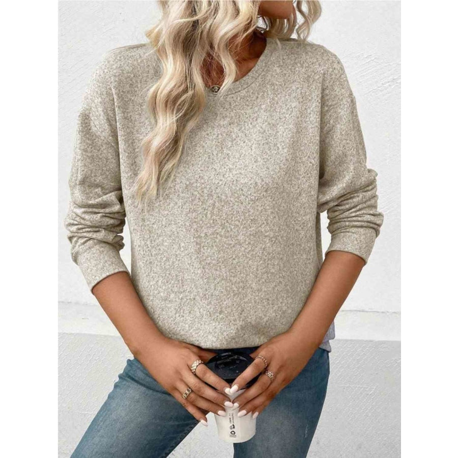 Round Neck Long Sleeve T-Shirt Beige / S