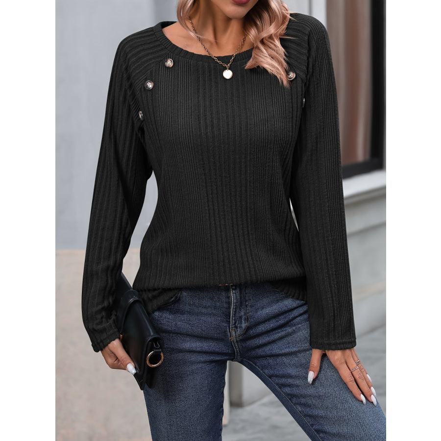 Round Neck Long Sleeve T-Shirt Black / S Apparel and Accessories