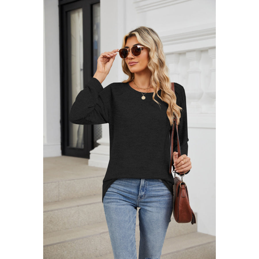 Round Neck Long Sleeve T-Shirt Black / S Apparel and Accessories