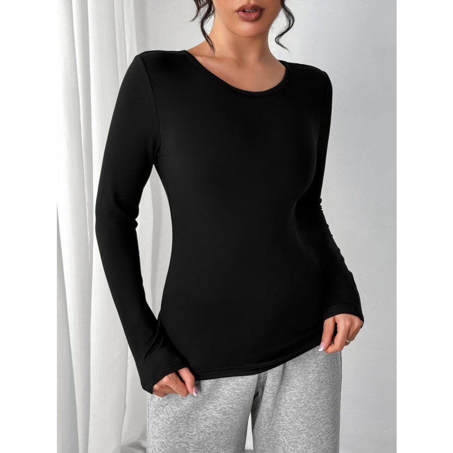 Round Neck Long Sleeve T-Shirt Black / S Apparel and Accessories